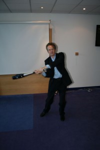 Phil demonstrates perceptual contrast with a baseball bat